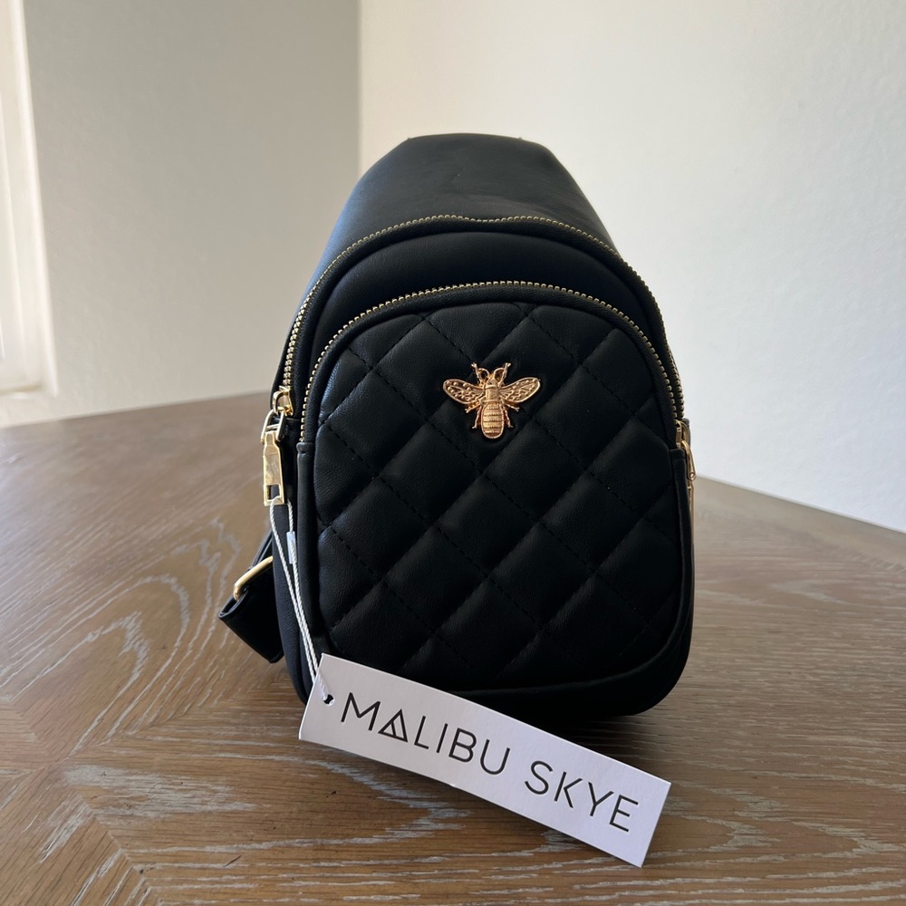 Malibu Skye Black Quilted crossbody with Gold Bee Accent